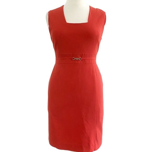 Tahari Dresses & Skirts - Tahari Sleeveless Square Neck Buckle Waist Ferrari Red Woven Dress Size 14